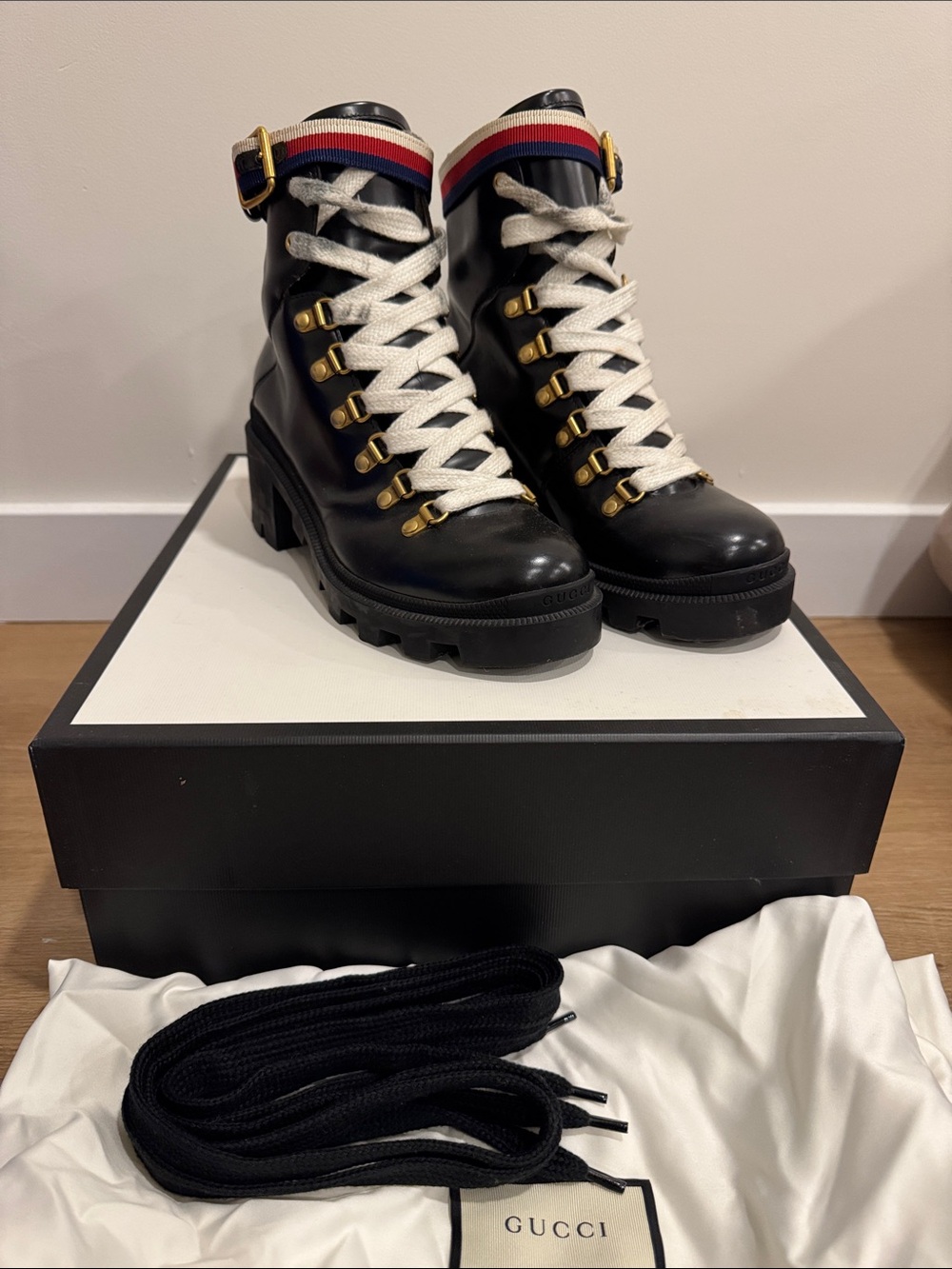 Gucci Black Leather Lace-Up Boots with White Laces and Red-Blue-White Web